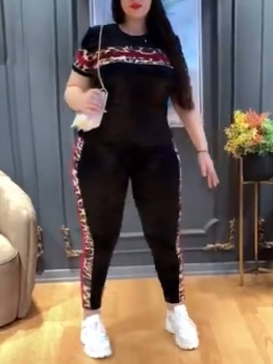 

Lovely Casual O Neck Patchwork Black Plus Size Two-piece Pants Set