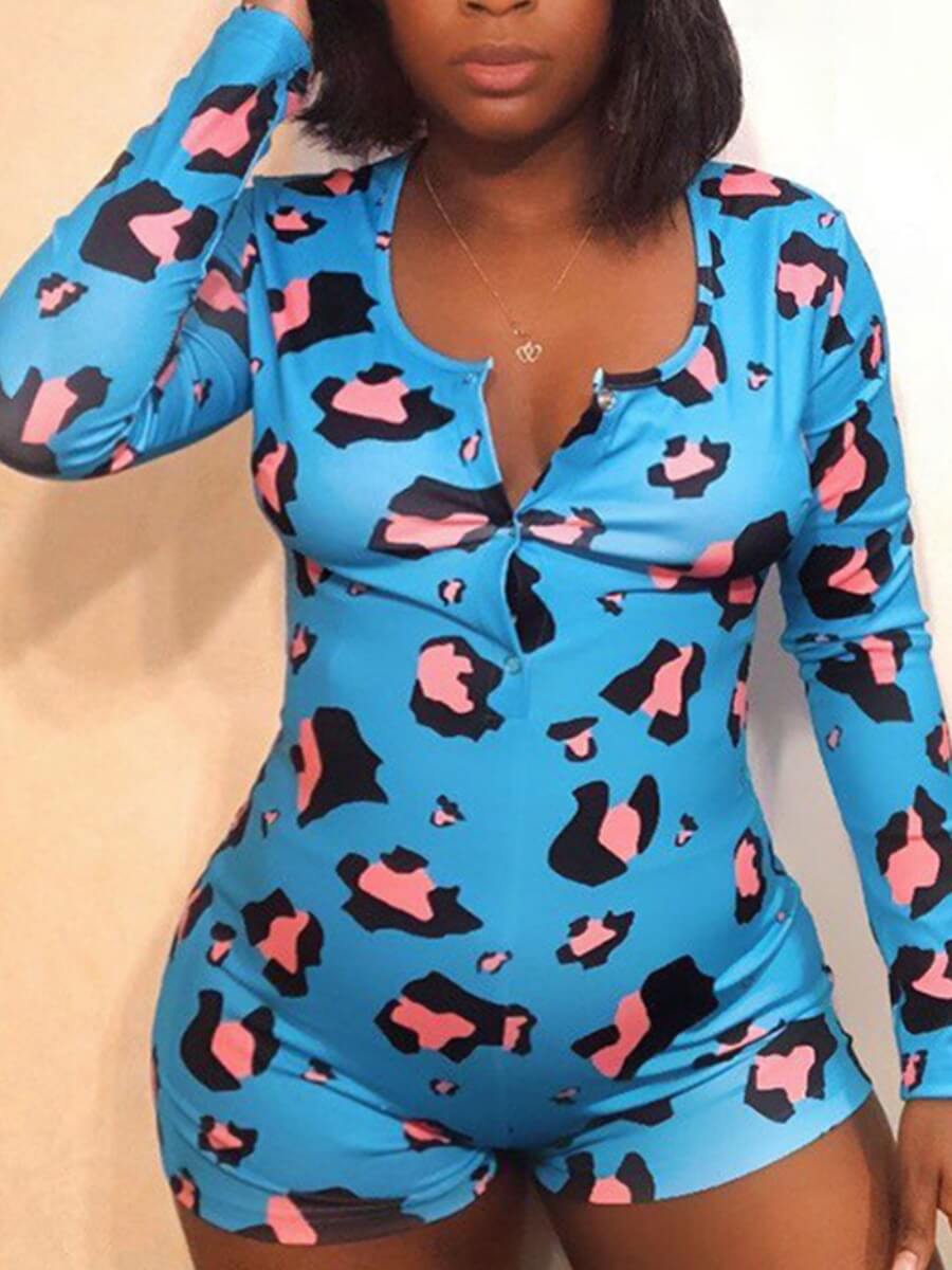 

Lovely Casual V Neck Leopard Print Blue Plus Size One-piece Romper