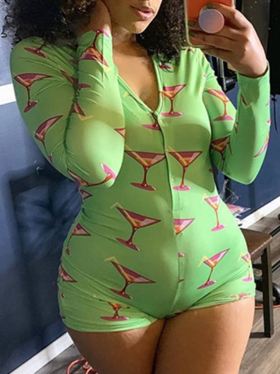 

Lovely Casual V Neck Print Green Plus Size One-piece Romper