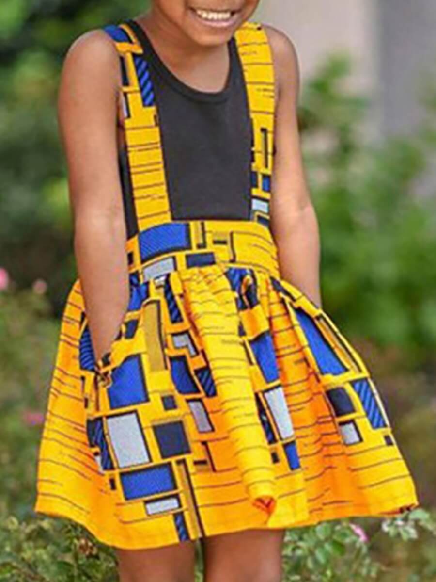 

Lovely Girl Casual Geometric Print Flounce Design Yellow Two Piece Skirt Set