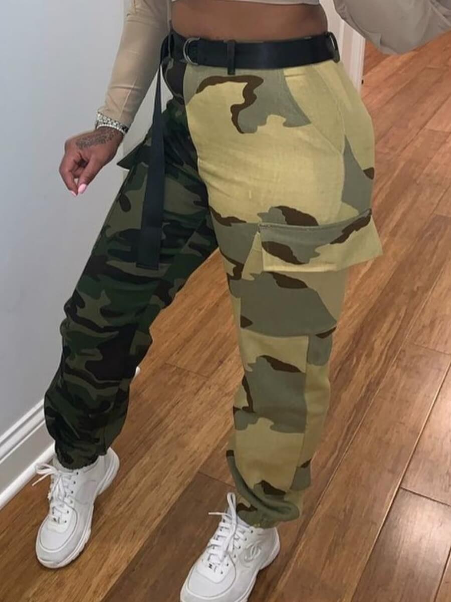 

Lovely Street Mid Waist Print Pocket Design Patchwork Camo Pants