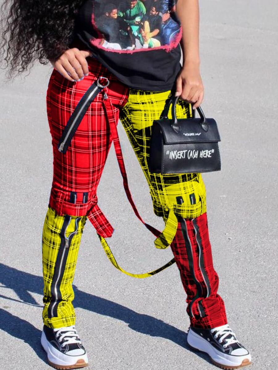 

Lovely Street Mid Waist Plaid Print Patchwork Bandage Design Red Pants