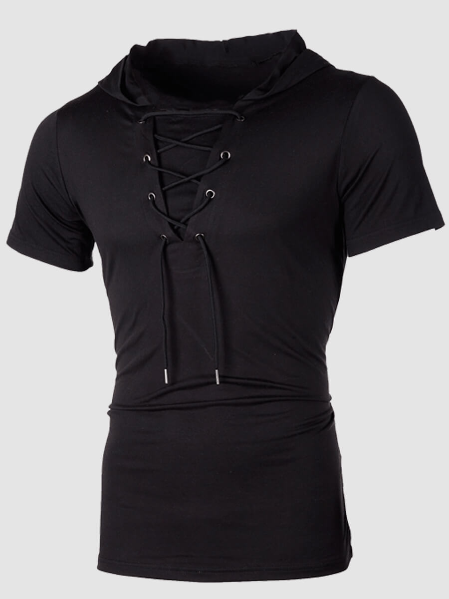 

Lovely Men Casual Hooded Collar Drawstring Black T-shirt