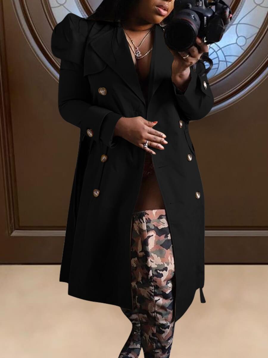 

Lovely Work Turndown Collar Ruffle Button Design Black Trench Coat
