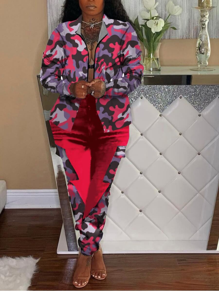 

Lovely Sportswear Camo Print Patchwork Red Two Piece Pants Set
