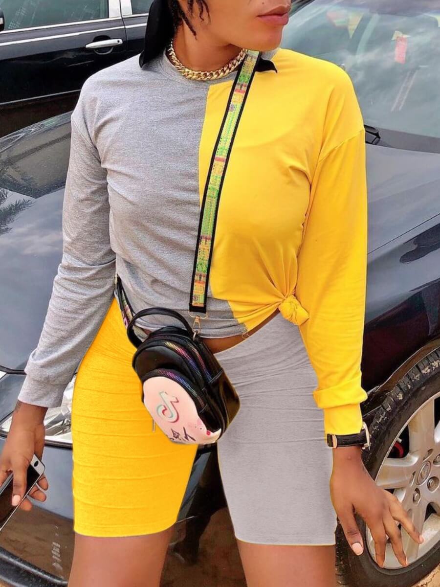

Lovely Casual O Neck Patchwork Yellow Two Piece Shorts Set