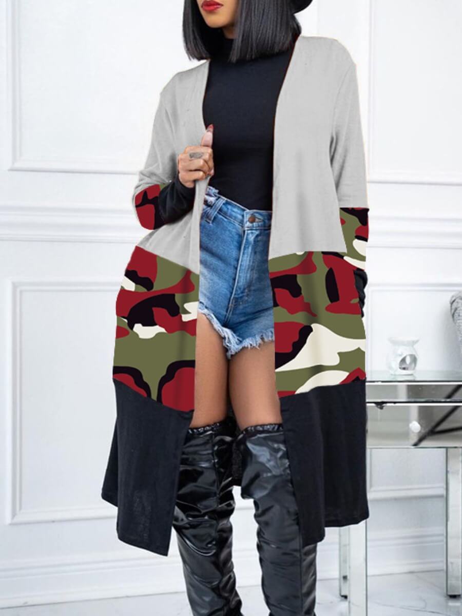 

Lovely Casual Camo Print Patchwork Grey Trench Coat