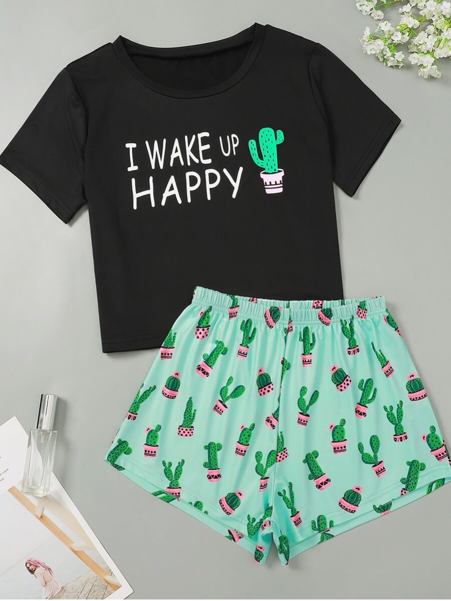 

Lovely Casual O Neck Letter Print Black Sleepwear