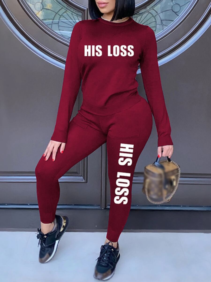 

Lovely Casual O Neck Letter Print Wine Red Two Piece Pants Set