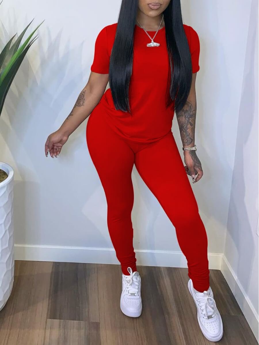 

LW BASIC Casual O Neck Elastic Red Two Piece Pants Set