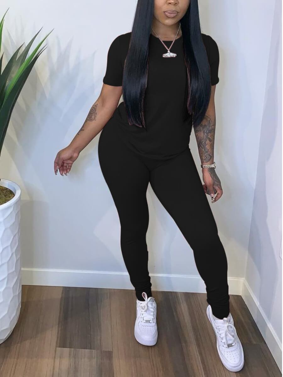 

LW BASIC Casual O Neck Elastic Black Two Piece Pants Set