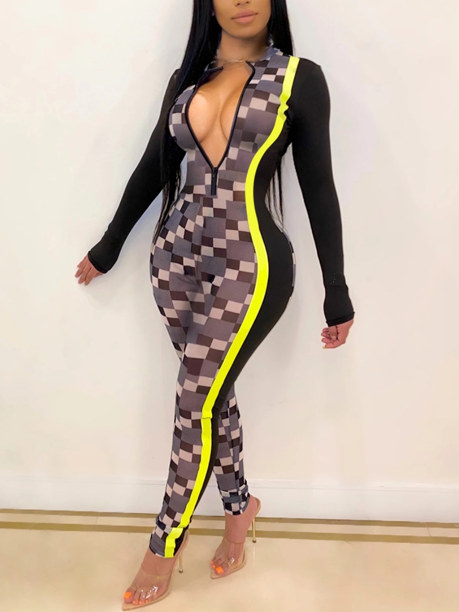 

Lovely Chic Plaid Print Striped Grey One-piece Jumpsuit