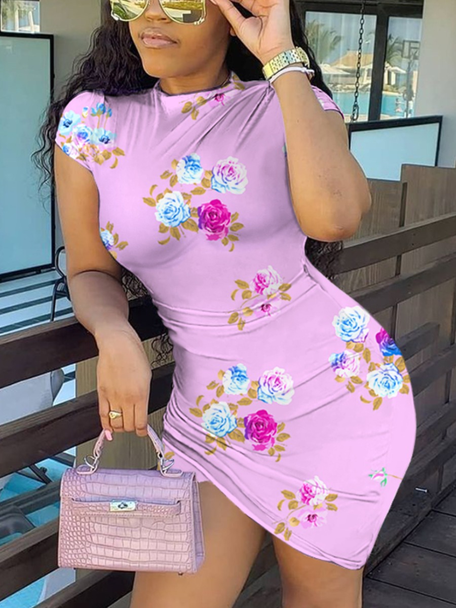 

Lovely Sweet O Neck Floral Print Pink Mini Dress(No-positioning Printing)