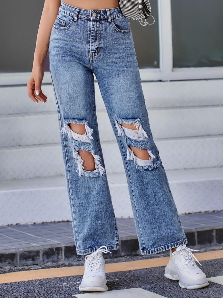 

Lovely Casual High-waisted Broken Holes Flared Mom Jeans, Blue