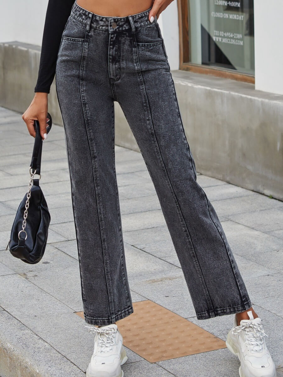 

Lovely Casual High-waisted Pocket Design Black Mom Jeans