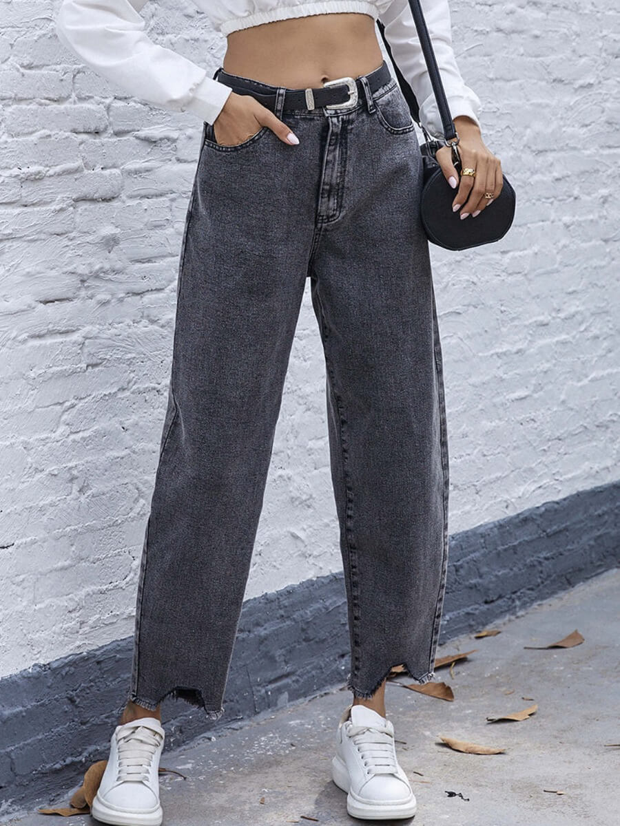 

Lovely Casual High-waisted Asymmetrical Grey Mom Jeans