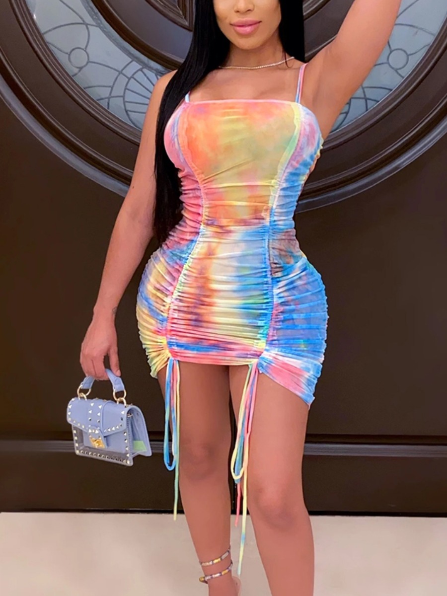 

Lovely Sexy Tie-dye Ruched Drawstring Multicolor Mini Dress(No-positioning Printing, Multi