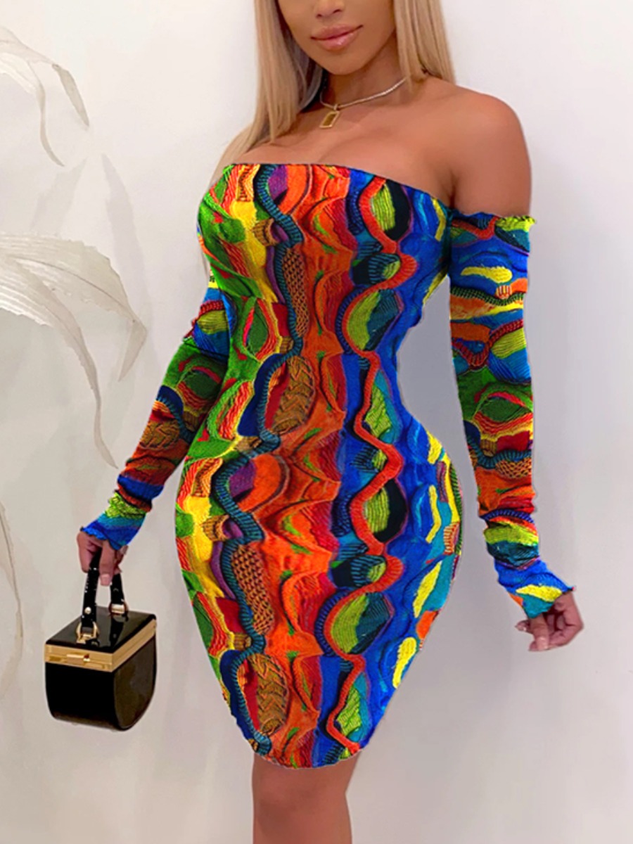 

LW SXY Sweet Off The Shoulder Animal Print Patchwork Multicolor Knee Length Dress, Multicolor mstn