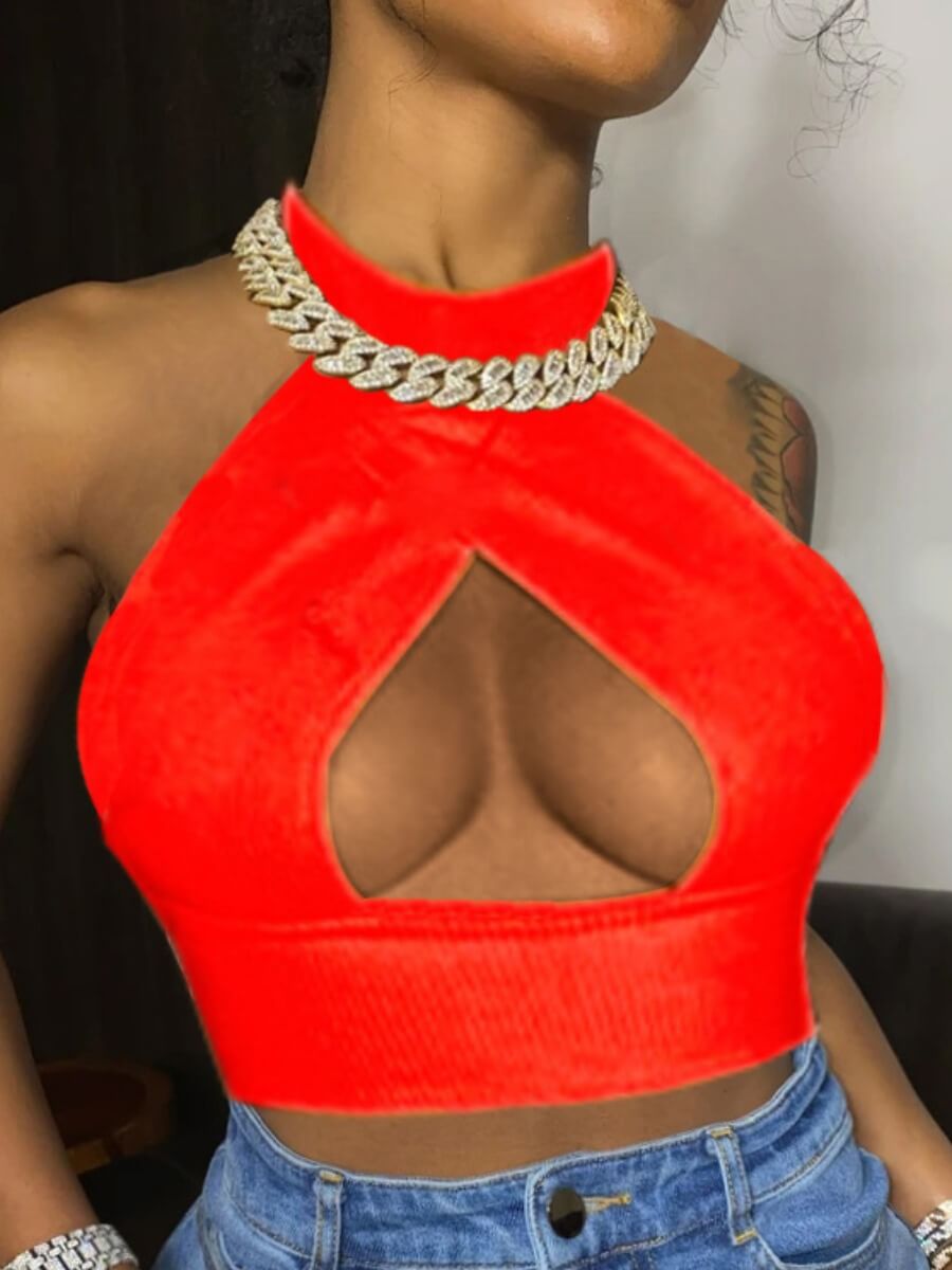 LW SXY Off The Shoulder Hollow-out Red T-shirt