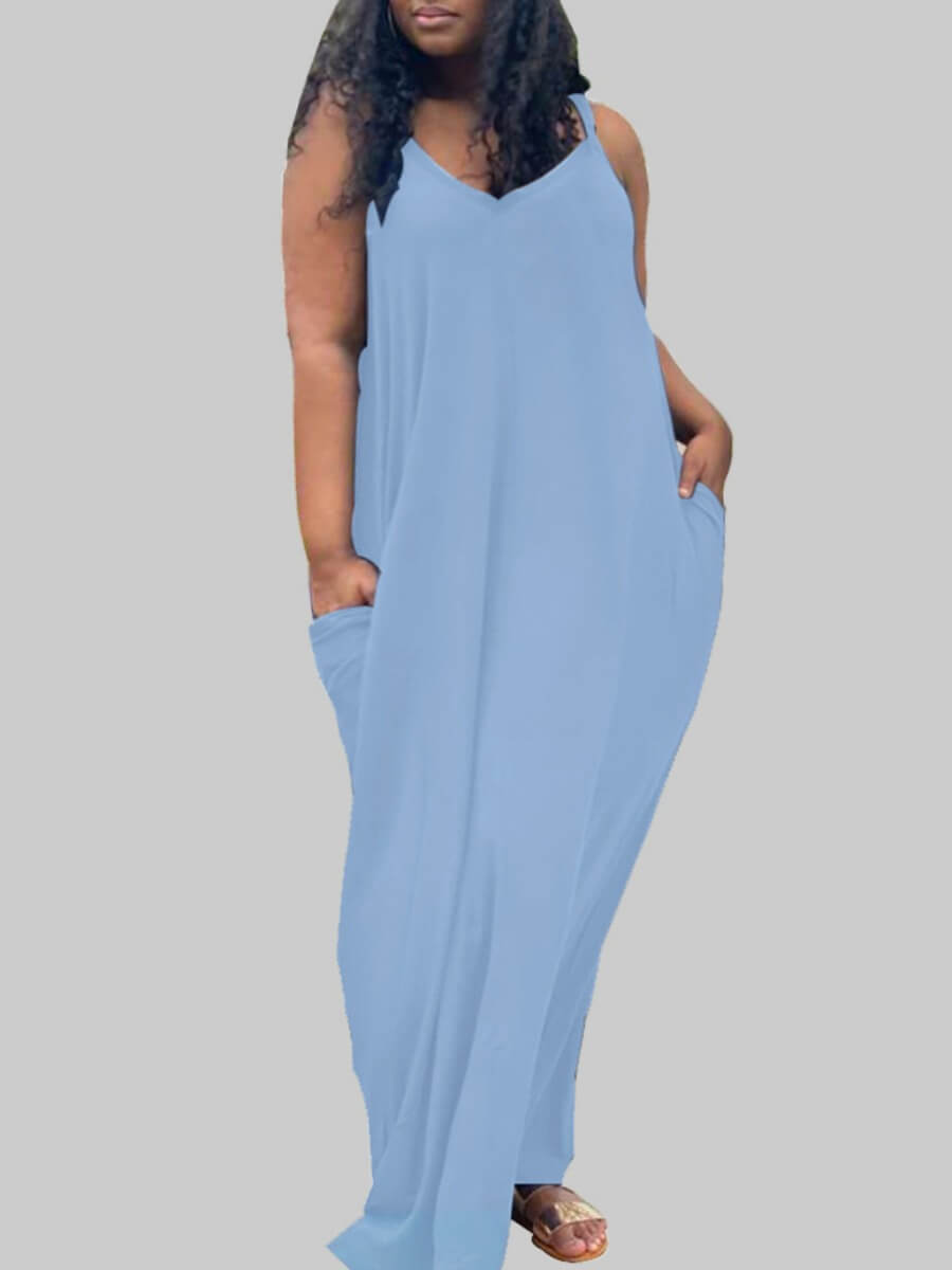 

Lovely Casual V Neck Pocket Design Loose Baby Blue Floor Length Plus Size Dress