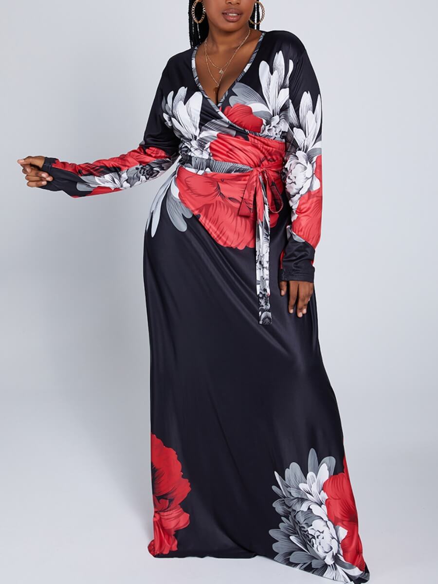 

Lovely Stylish Floral Print Cross-over Design Lace-up Red Maxi Plus size Dress