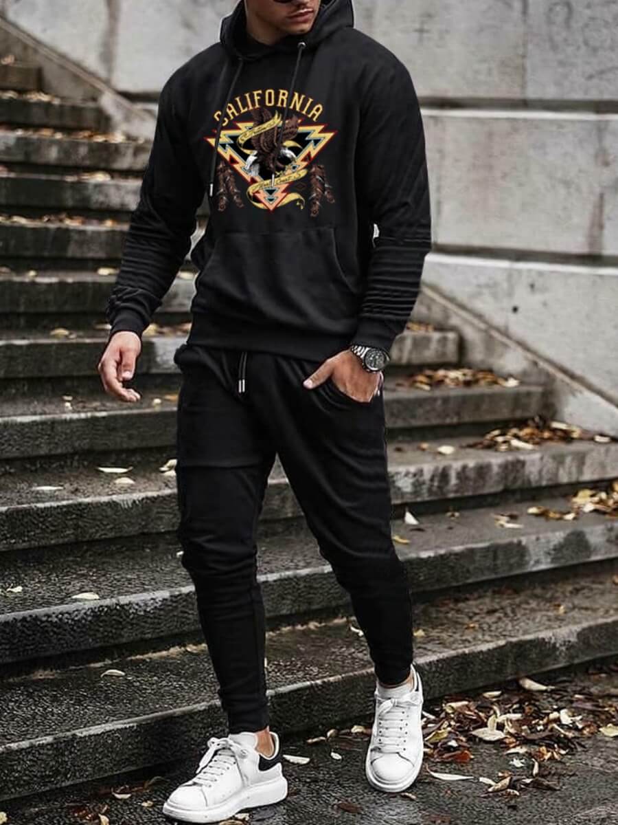 

Lovely Casual Hooded Collar Letter Print Black Men Two Piece Pants Set