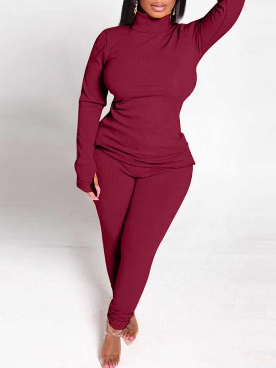 

Lovely Chic Half A Turtleneck Side Split Wine Red Plus Size Two-piece Pants Set