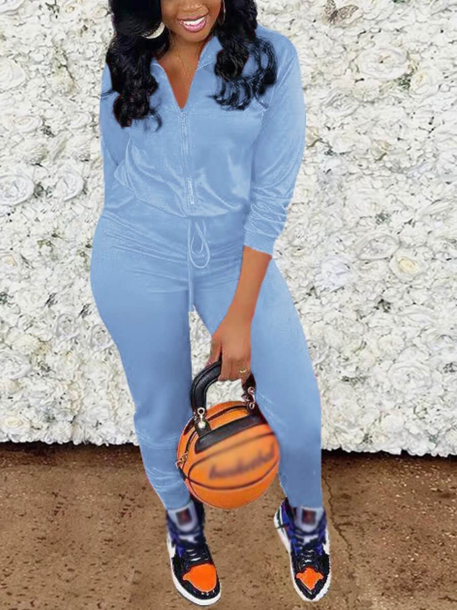 

Lovely Casual Turndown Collar Drawstring Skyblue Two Piece Pants Set