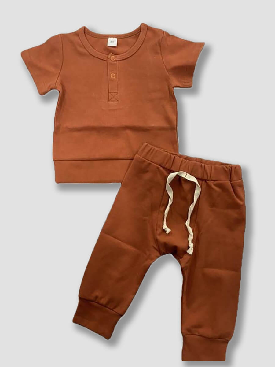 

Lovely Boy Casual Button Design Drawstring Brown Two Piece Pants Set