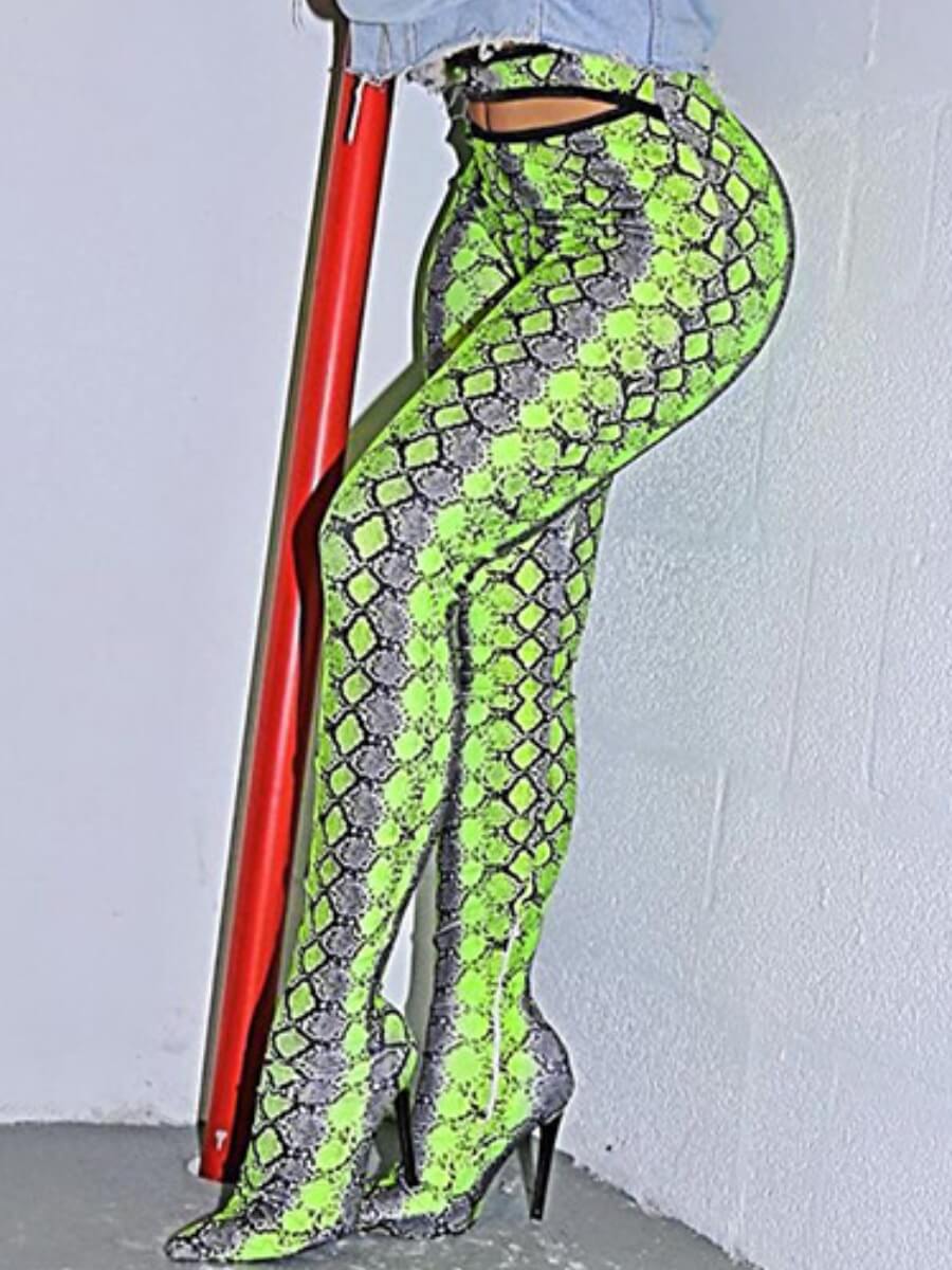 

Lovely Casual Cobra Print Hollow-out Green Leggings