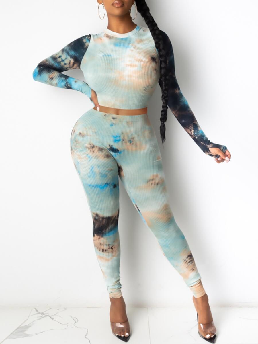 

Lovely Casual O Neck Tie Dye Blue Two Piece Pants Set
