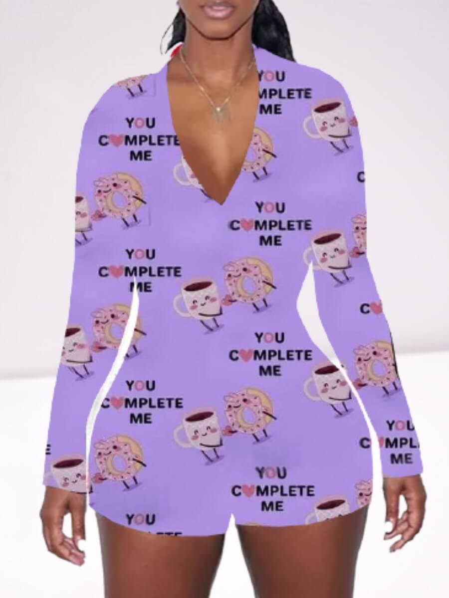 

Lovely Casual V Neck Letter Print Purple Sleepwear