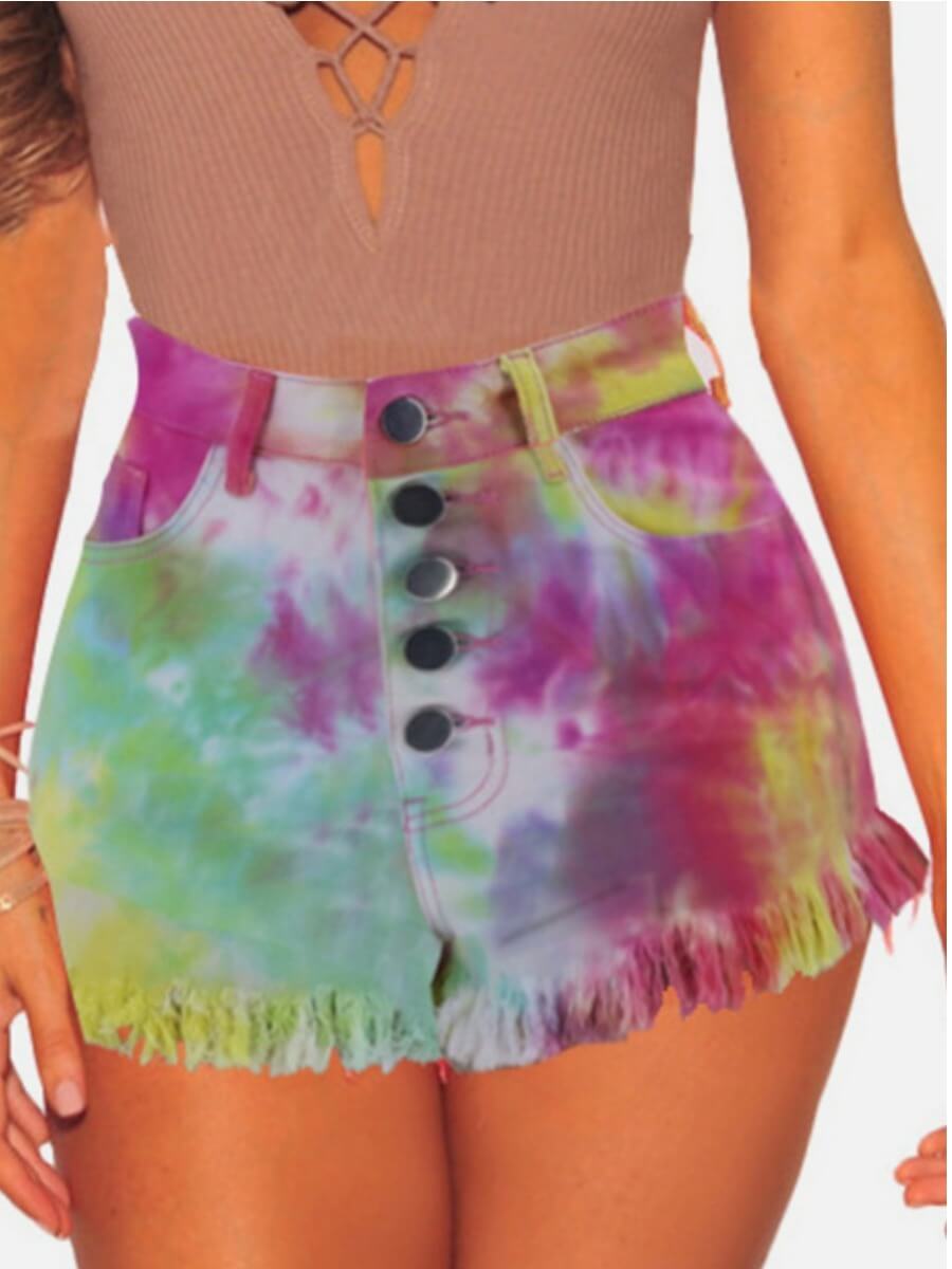 

Lovely Casual Tie-dye Raw Edge Pink Denim Shorts