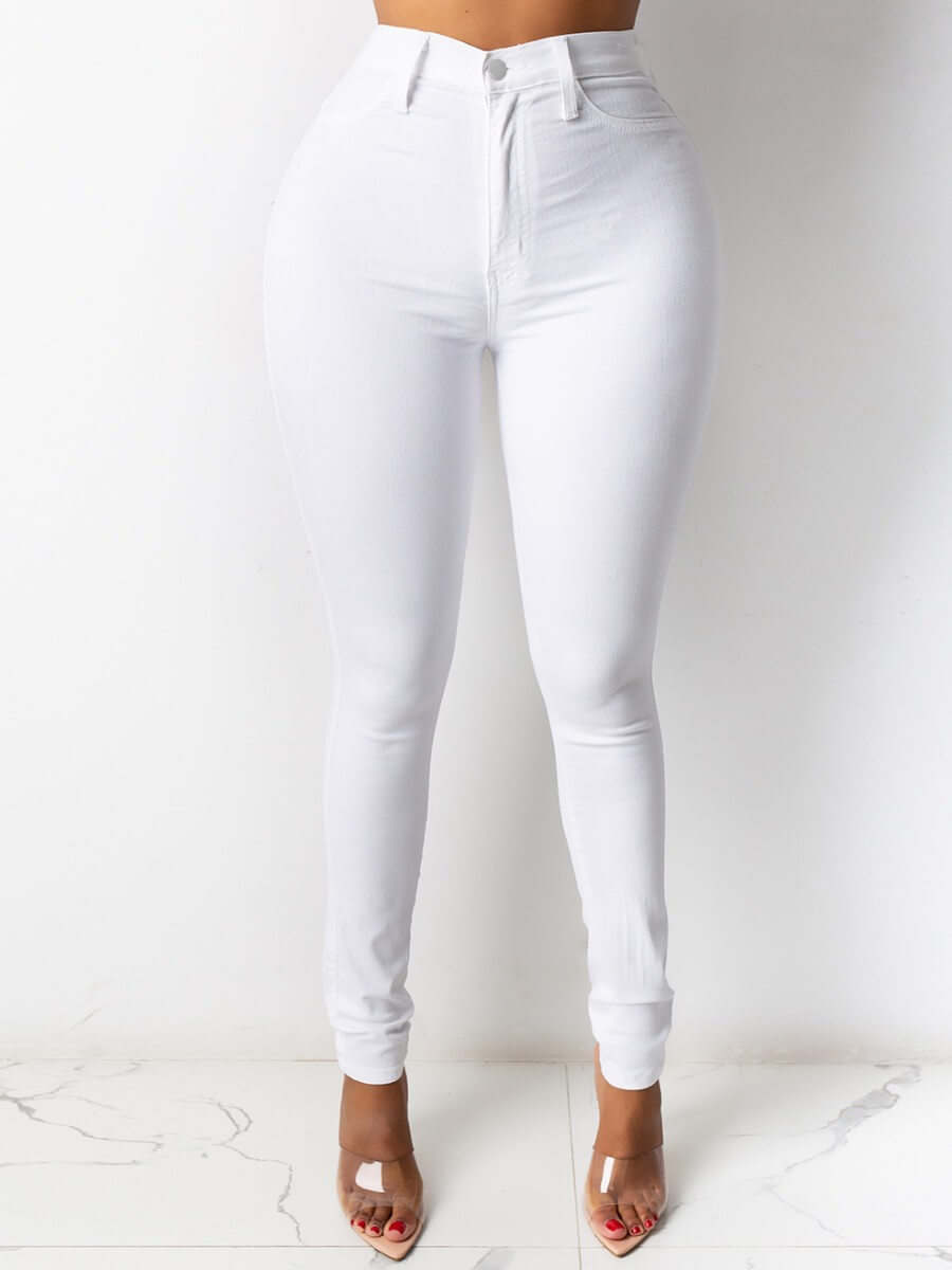 

Lovely Casual High-waisted Zipper Design Skinny White Jeans