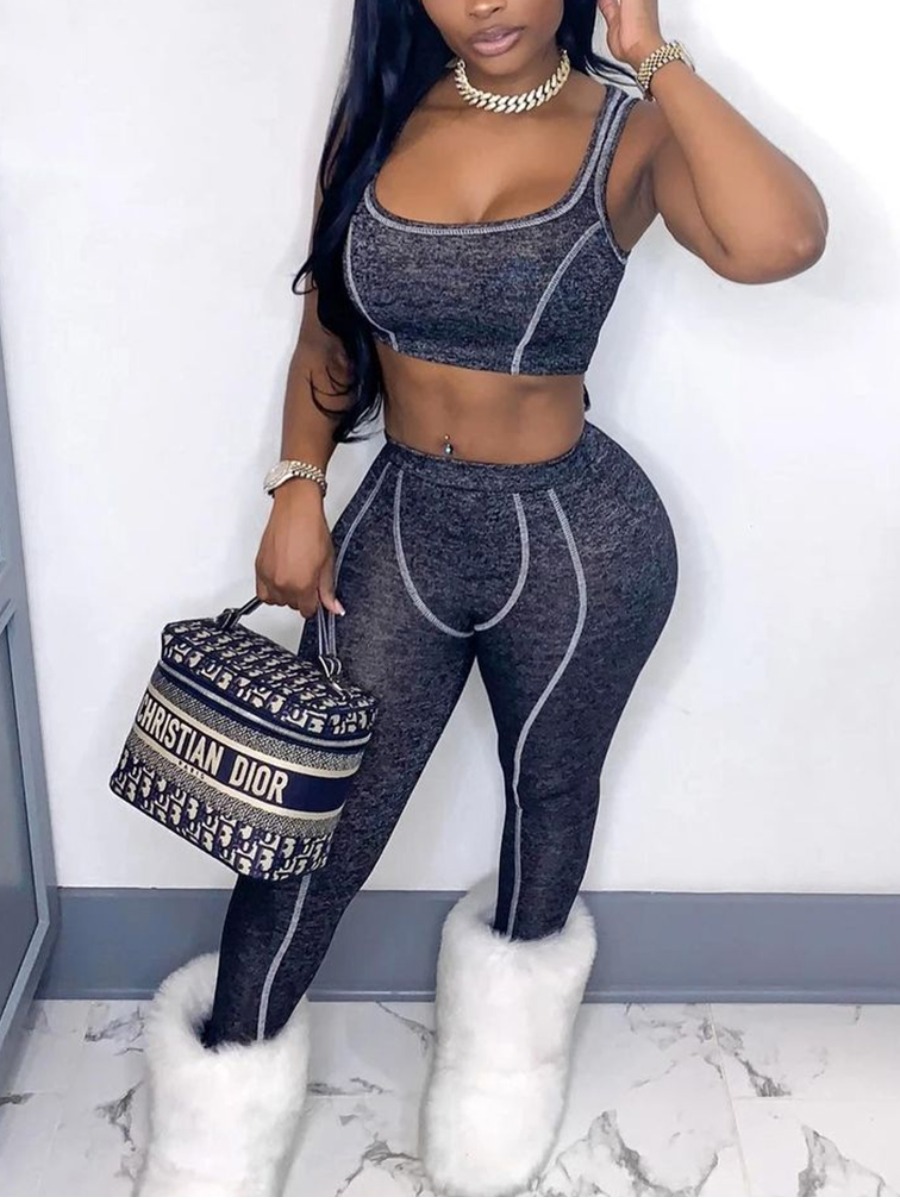 

Lovely Sportswear U Neck Striped Dark Grey Two Piece Pants Set