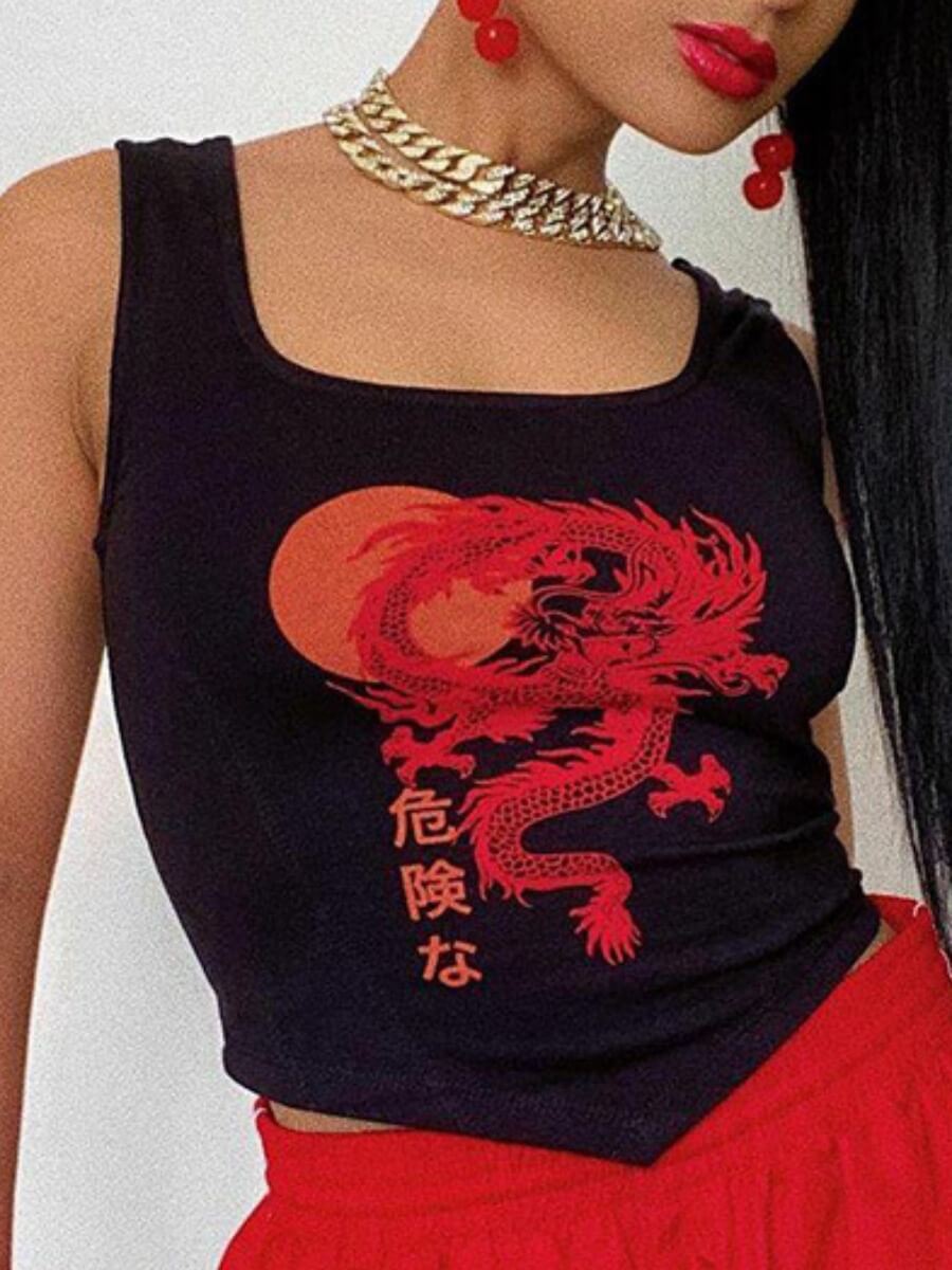 

Lovely Casual Chinese Character Print Patchwork Black Camisole