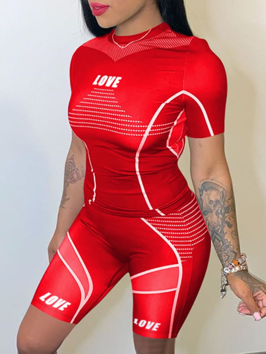 

Lovely Sportswear Letter Print Striped Red Two Piece Shorts Set