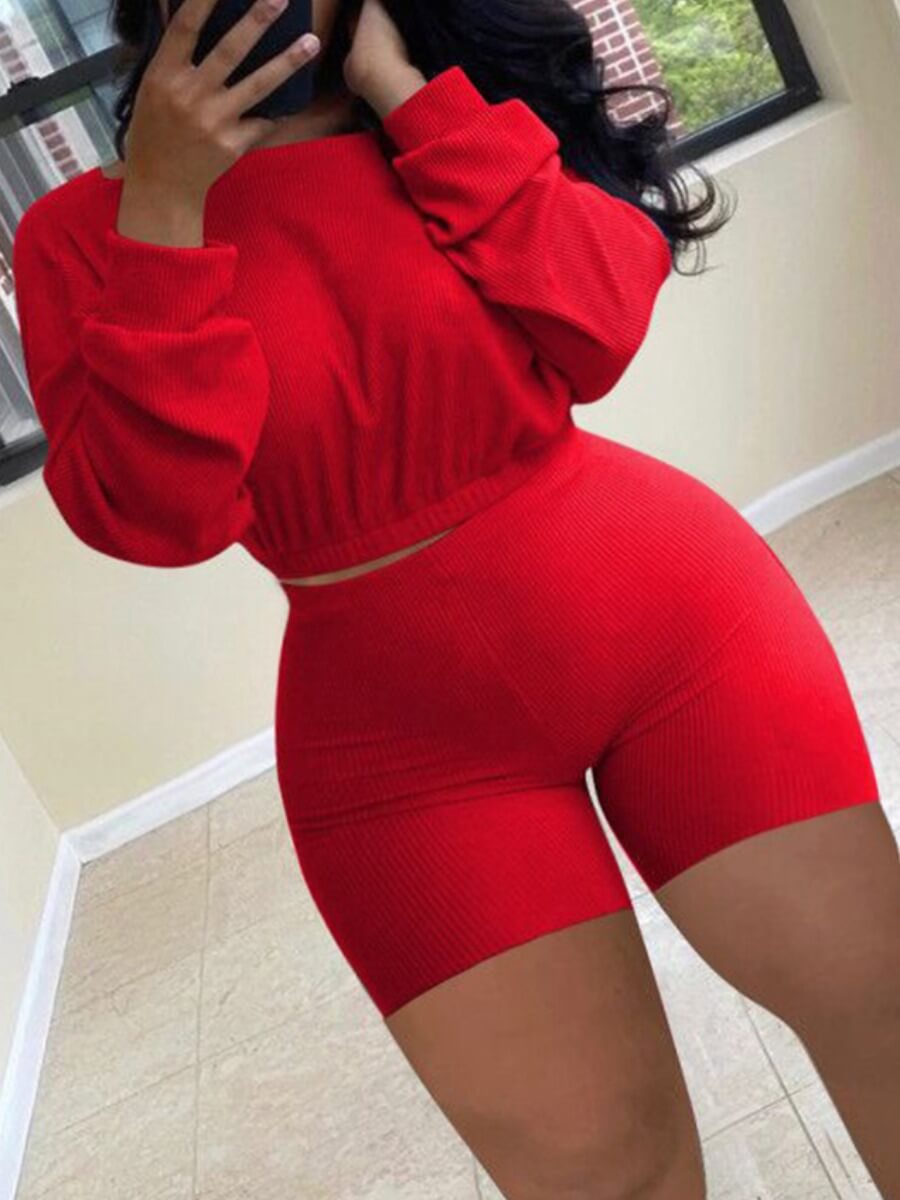

LW Plus Size Casual O Neck Dropped Shoulder Red Two-piece Shorts Set