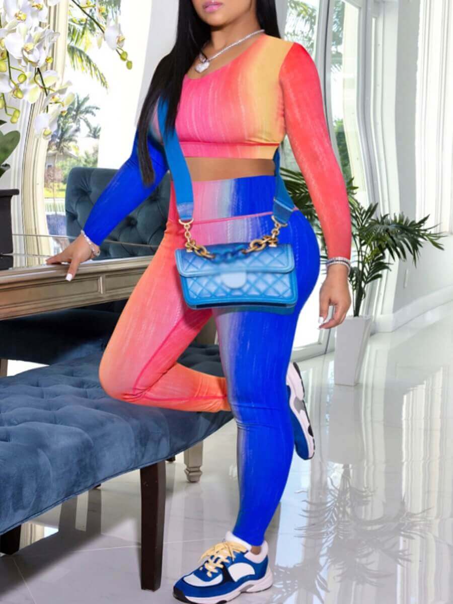 

Lovely Sportswear O Neck Gradient Blue Yoga Two Piece Pants Set