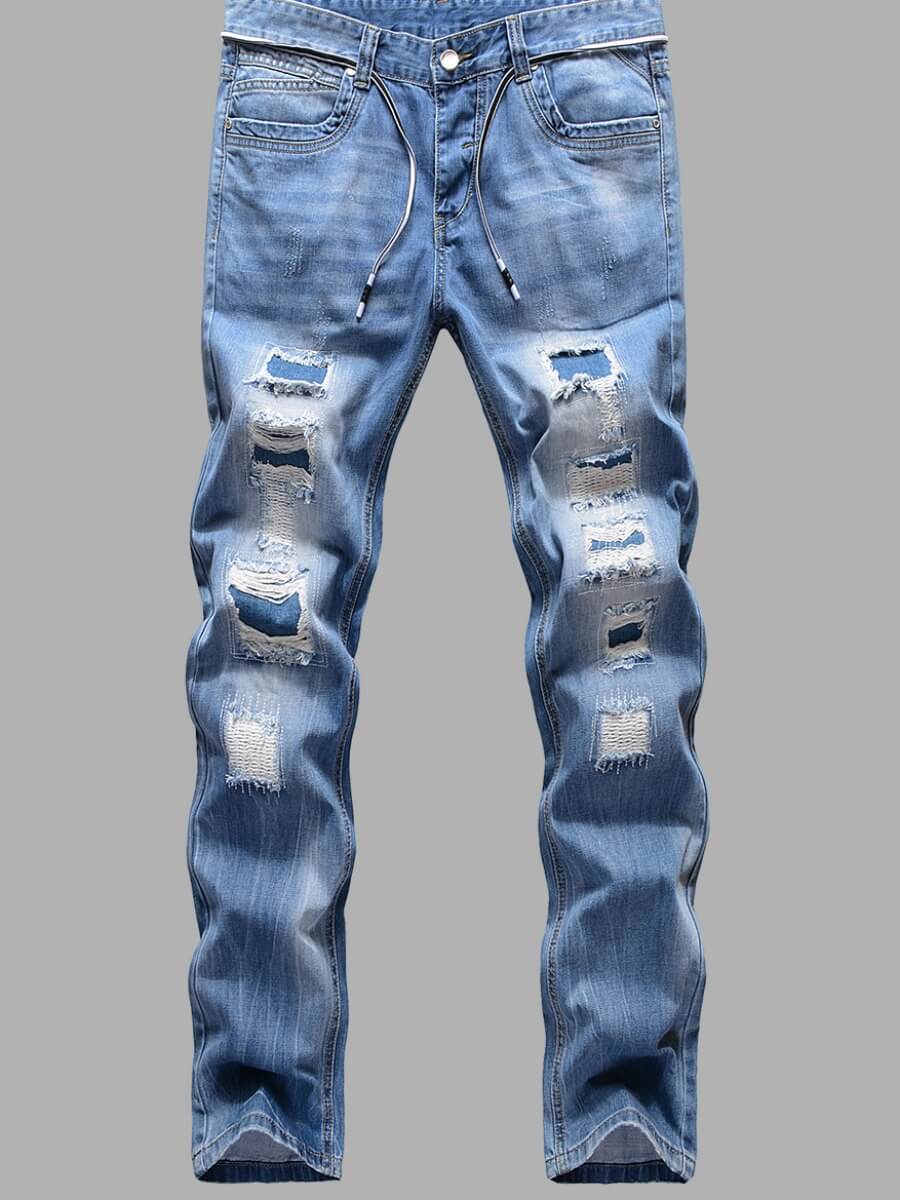 

Lovely Casual Mid Waist Broken Holes Baby Blue Men Jeans