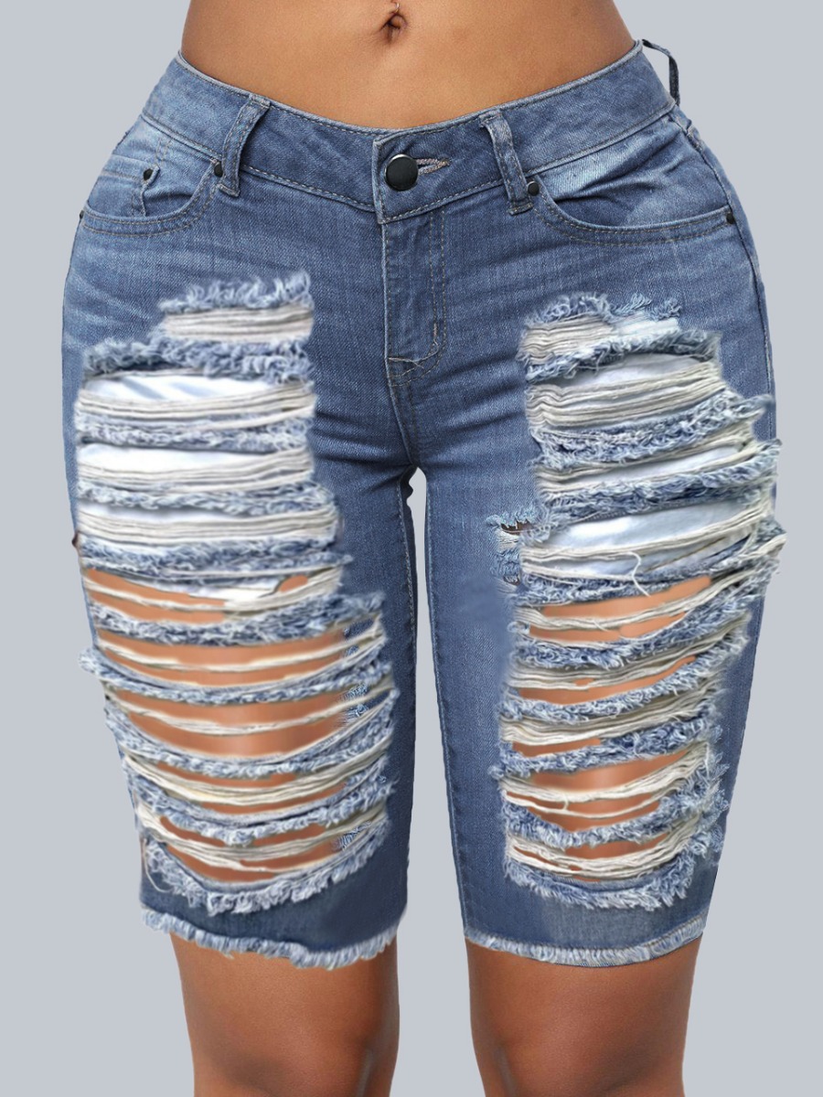 

Lovely Street High-waisted Broken Holes Blue Denim Shorts