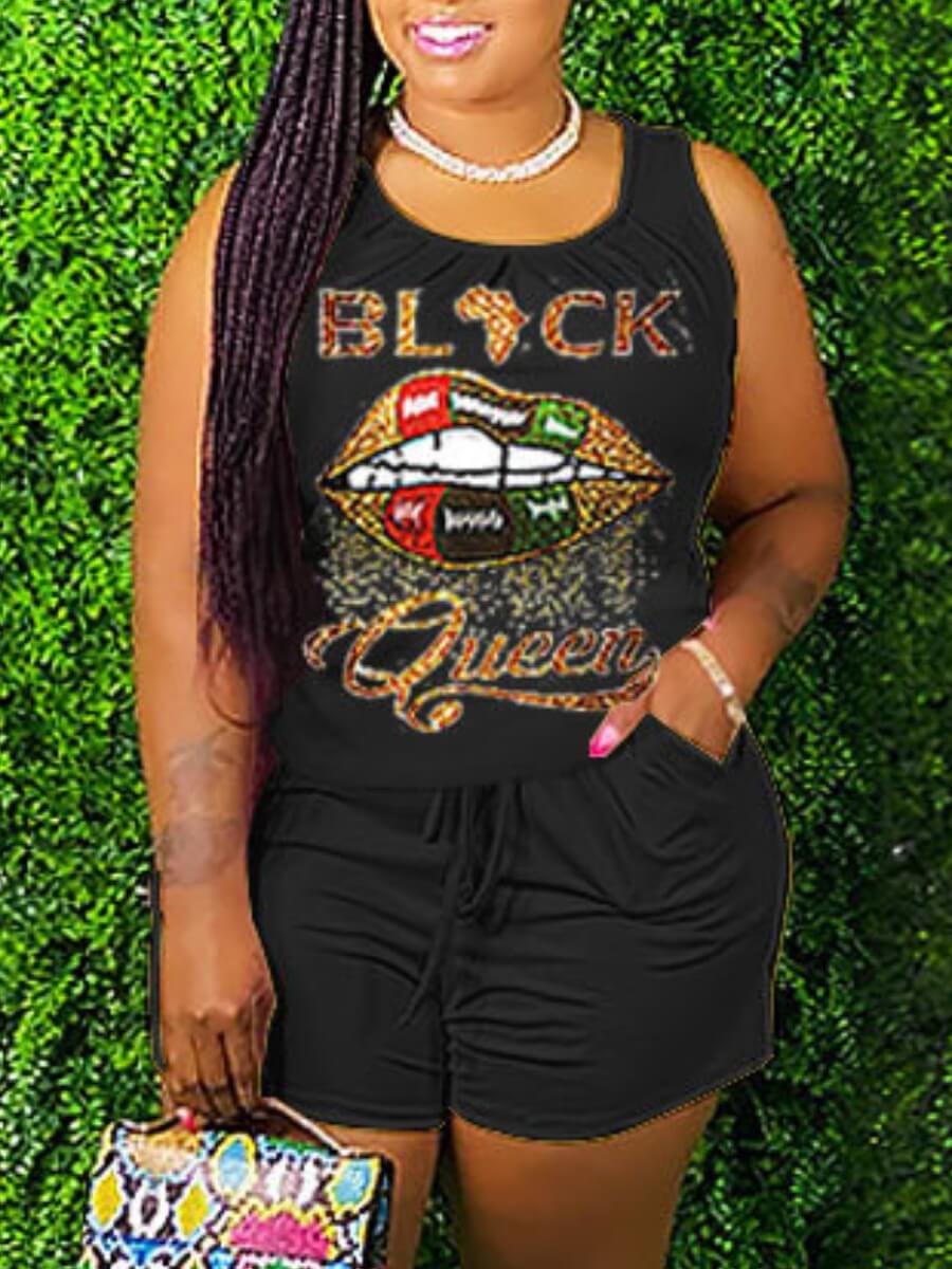 

Lovely Casual U Neck Letter Print Drawstring Black Two Piece Shorts Set