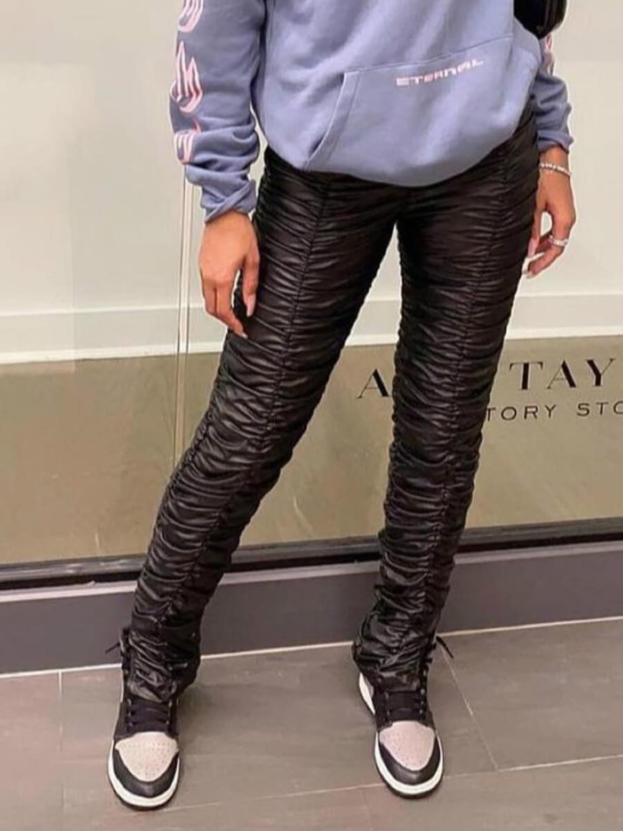 

Lovely Street Mid Waist Fold Design Black Pants