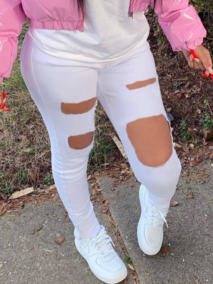 

Lovely Casual High-waisted Broken Holes White Jeans