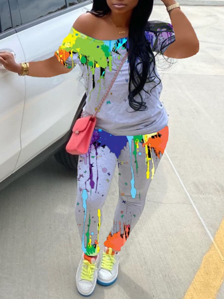 LovelyWholesale Plus Size Round Neck Splash Ink Pants Set Spring Short Sleeve Street Basic Conventional Collar  5X Spring Summer 2024