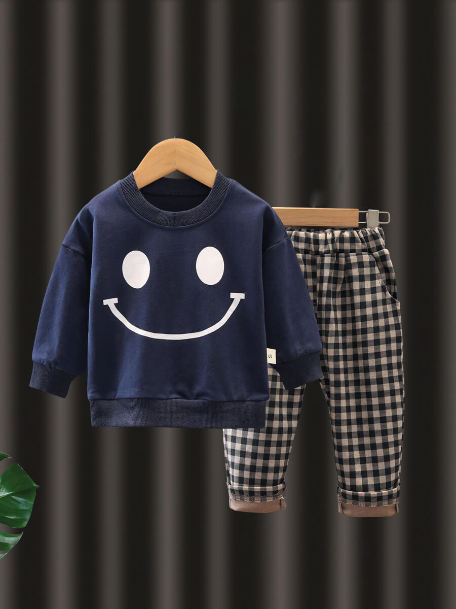 

Lovely Casual Plaid Smiley Face Print Blue Boy Two Piece Pants Set