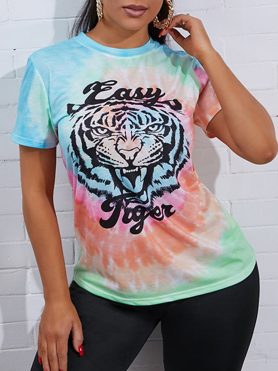 LW Casual Animal Print Tie-dye Black T-shirt