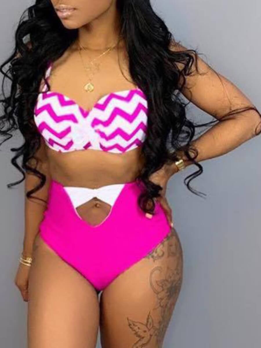 

Lovely Trendy Striped Hollow-out Rose Red Two-piece Swimsuit