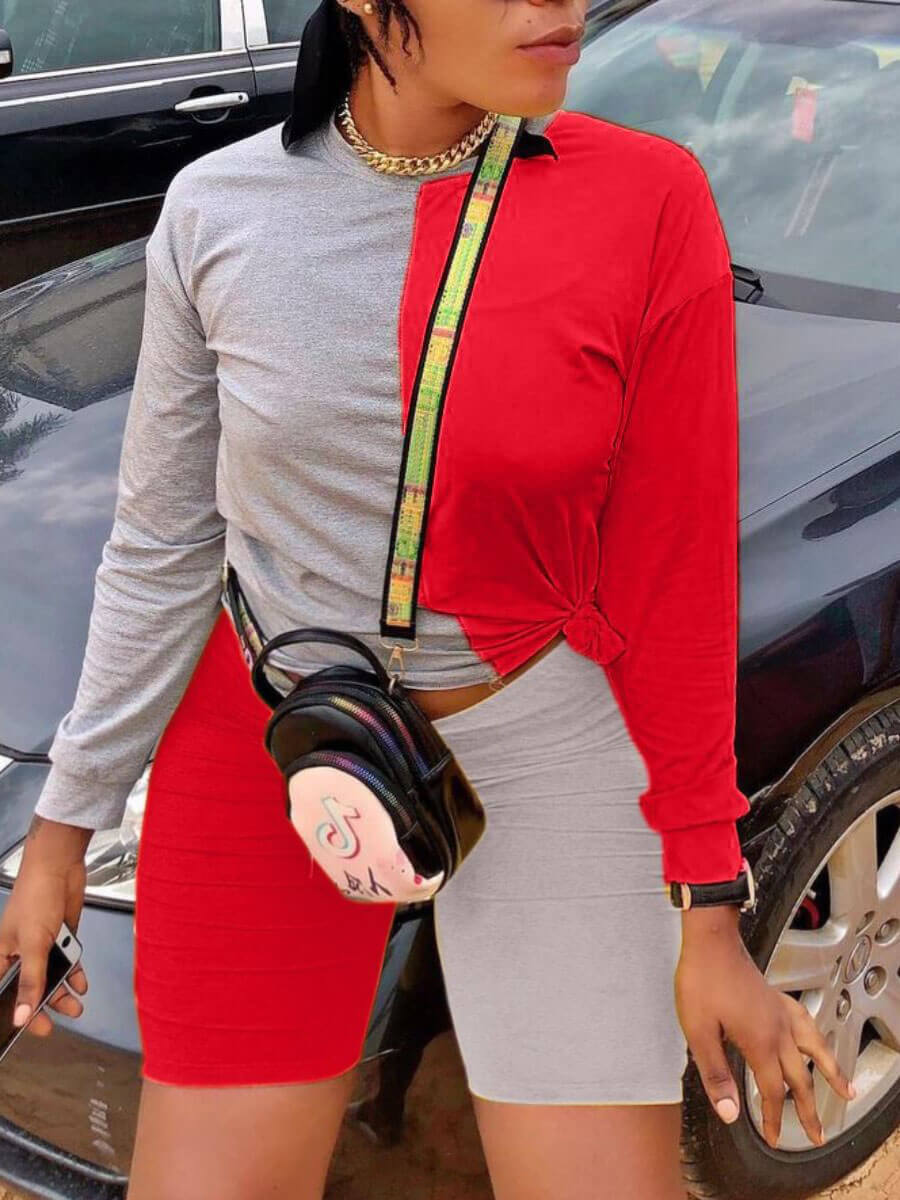 

Lovely Trendy Color-lump Patchwork Red Plus Size Two-piece Shorts Set