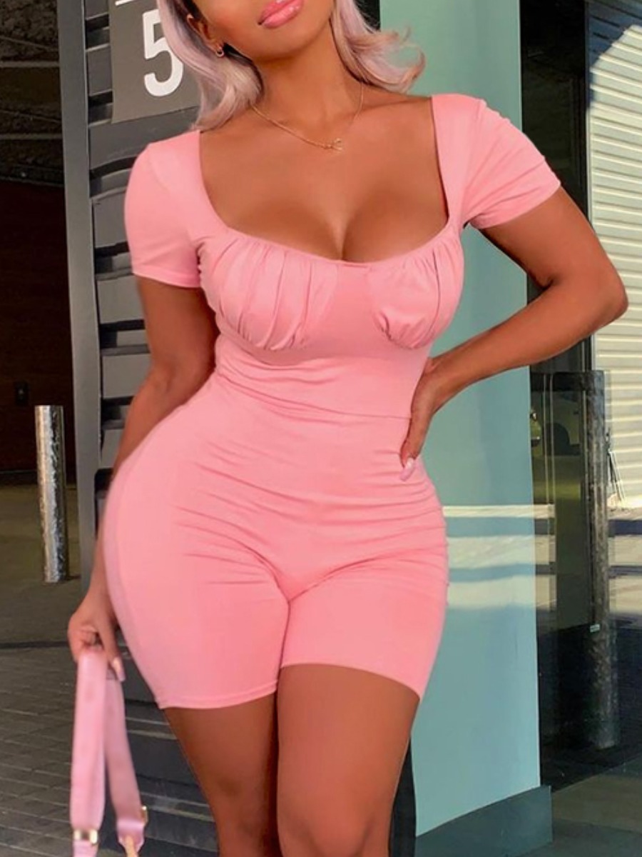 

Lovely Sweet Square Neck Ruched Bust Pink One-piece Romper